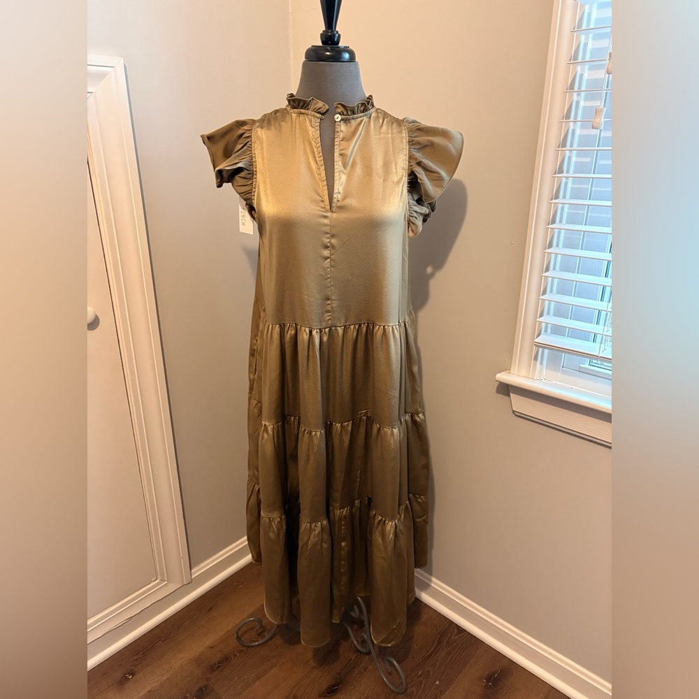 NWT Pinch Olive Green Ruffle Silk Midi Dress. Size Medium.